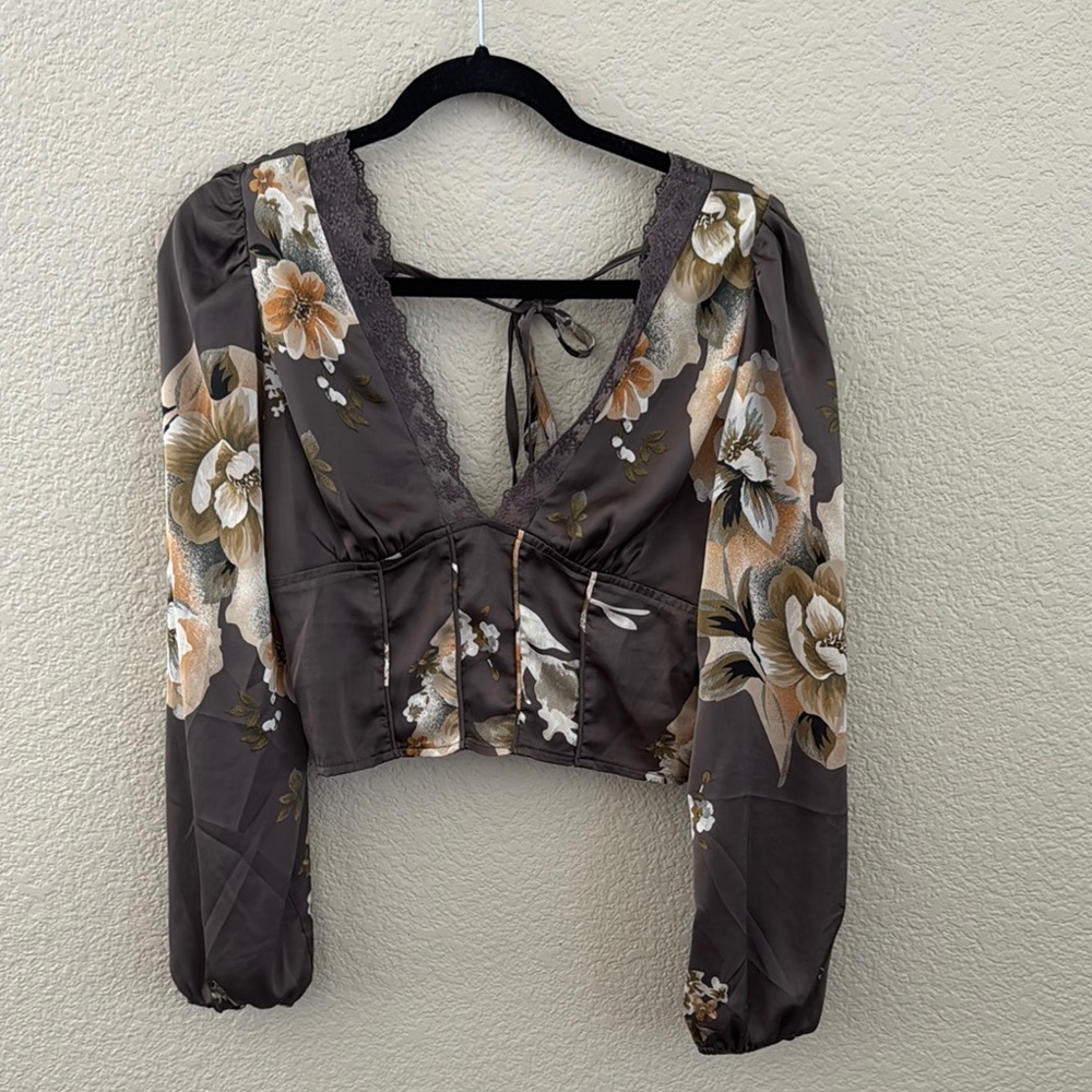 Black Crop Tie Front Blouse with Long Sleeves